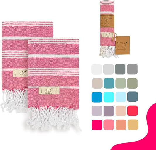 Turkish Hand Towels for Bathroom - Set of 2, 18" x 30" inches, Decorative Cotton Hand Towels for Kitchen, Bath, Guest, Face, Hair, Gym, Yoga, Dishcloth, Travel (Fushia)