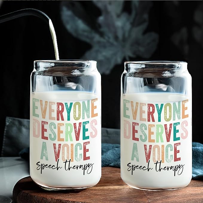 Speech Therapy Mental Health Gifts Glass Cup,Everyone Deserves A Voice Glass Cup With Lids And Straws 14oz, Slp Speech Pathologist Inspirational Counseling Gifts