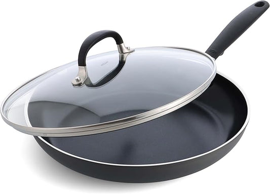 OXO 12” Non-Stick Every Day Frying Pan with Lid, BPA-Free Comfort Grip Silicone Handle, Dishwasher & Oven Safe, PFAS-Free Ceramic Skillet, Black