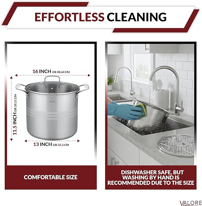 Valore 16 qt Stainless Steel Stock Pot with Lid & Canning Rack - 5-ply Soup Pot with Brushed Stainless Finish & Riveted Handles