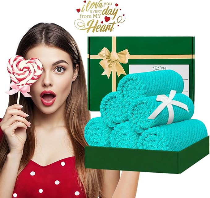 Turquoise Washcloths (6PC, 13"x13") - 100% Cotton | Lightweight | Thick | Quick Dry | Soft | Absorbent, Luxury Towels for Face, Fluffy Wash Cloths for Bathroom, Towel Gift Set, Turquoise