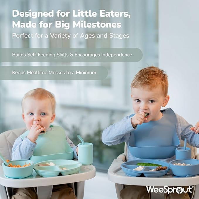 WeeSprout Baby Led Weaning Bundle, Silicone Suction Bowl, Spoons, Bib & Cup, Develops Self Feeding Skills, Dishwasher Safe (Purple)