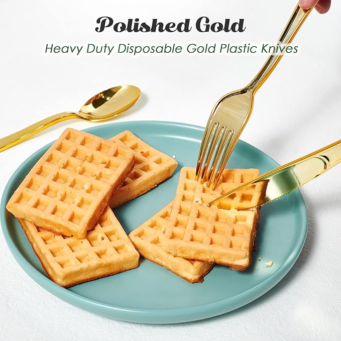 FOCUSLINE 300 Pack 6.8" Disposable Gold Plastic Spoons, Solid and Durable Plastic Cutlery Spoons, Heavy Duty Disposable Utensil Silverware for Catering, Parties, Dinners, Weddings