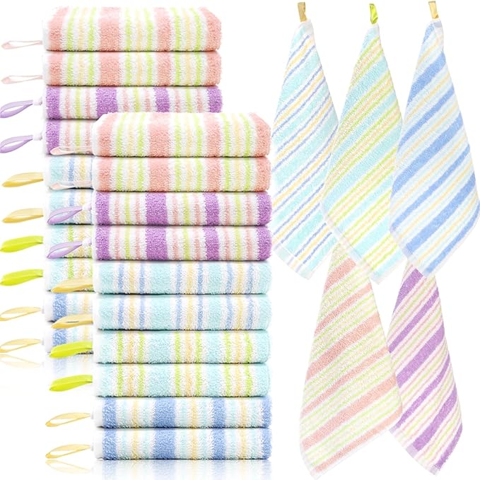 20 Pack Small Face Wash Cloths, 10x10 Inch Cotton Soft Hand Towel, Comfortable Striped Fingertip Towel for Sensitive Skin, Reusable Makeup Remover Cloth, Absorbent Cleaning Rag, 5 Colors