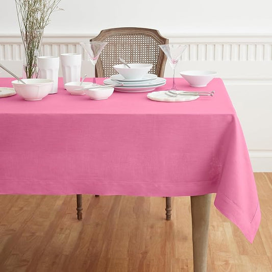 Solino Home Linen Square Tablecloth 52 x 52 Inch - 100% Pure Linen Flamingo Pink Table Throw - Fete, Machine Washable Table Cloth for Valentines