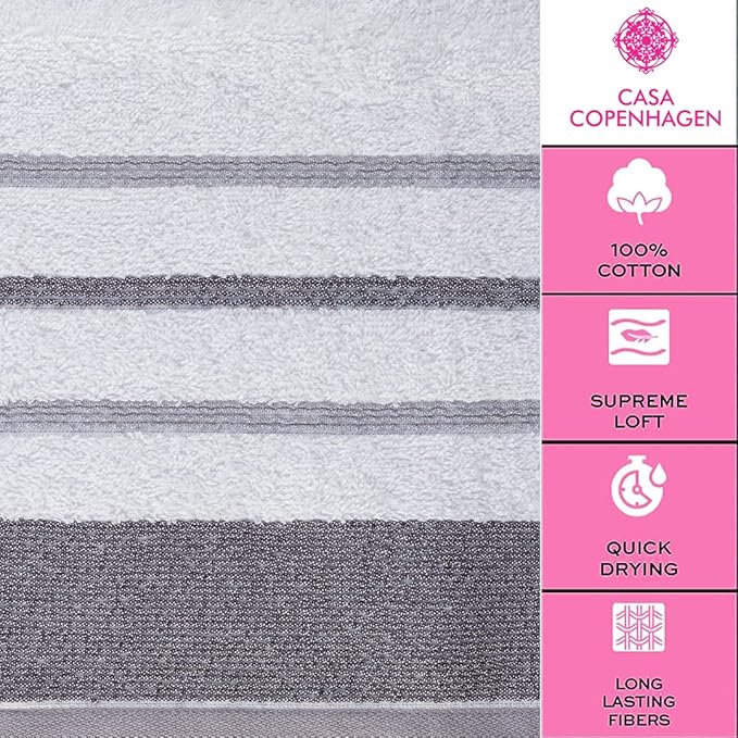 CASA COPENHAGEN White Bay, 6 Pieces Towel Set- White with Dark Grey and Grey Violet Border, 600 GSM, 2Bath, 2Hand, 2Washcloths Egyptian Cotton Towel for Hotel Spa Kitchen Bathroom Kitchen & Shower