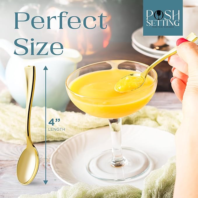 Posh Setting Plastic Mini Gold Spoons, 4 inch Gold Dessert Spoon Disposable, Small Plastic Spoons for Dessert, Tiny Little Appetizer Spoon Golden (80 Pack)