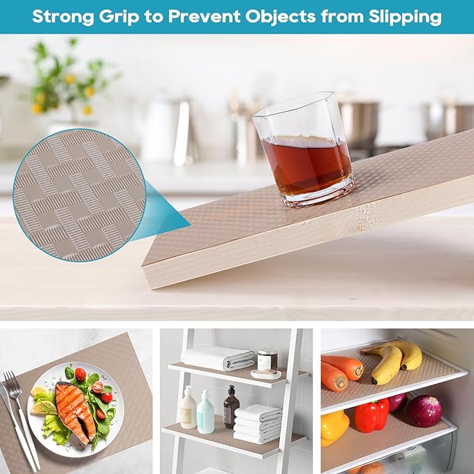 Beige Shelf Liners for Kitchen Cabinets Refrigerator Liners Waterproof & Oil-Proof Kitchen Cupboard Liner Drawer Mats EVA Material Non Adhesive Fridge Liner for Shelves 17.5 x 236.2 Inches