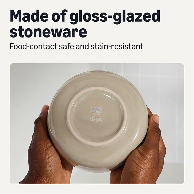 Amazon Basics Glazed Stoneware Bowls, Ceramic 4-Piece Set, Dishwasher-Safe, 5.5 in., Linen Gray
