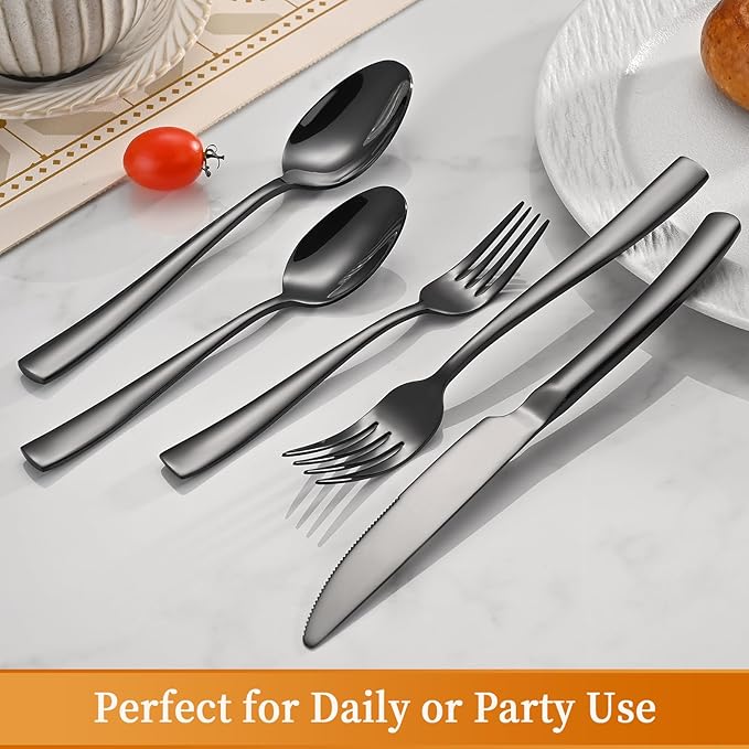 40-Piece Black Silverware Set, Heavy Duty Stainless Steel Flatware Cutlery Set Service for 8, Food-Grade Utensil Sets for Home Restaurant, Dishwasher Safe