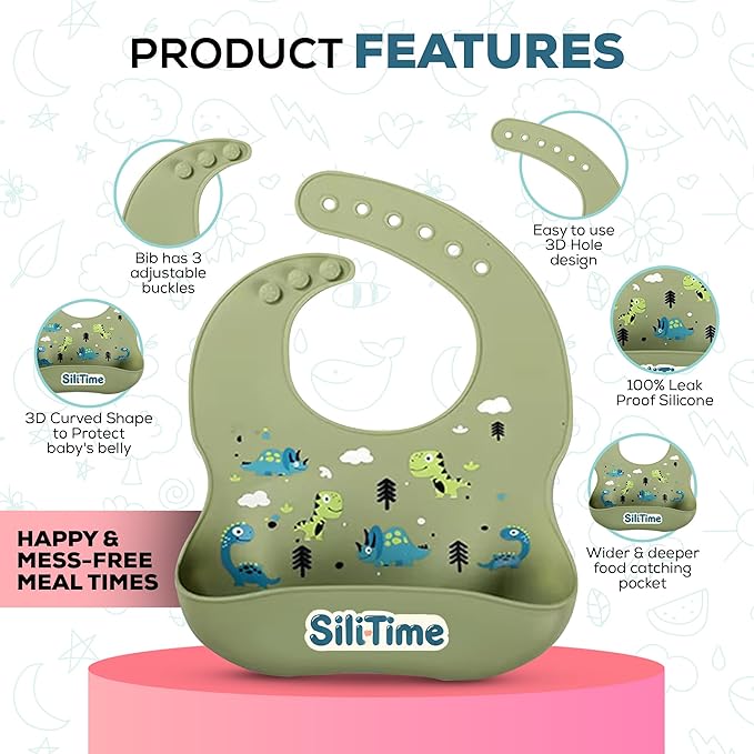 SiliTime Dinosaur-Themed Silicone Baby Feeding Set – Suction Mat with Food Catcher & Pacifier – 8-Piece BPA-Free Toddler Mealtime Essentials for Baby-Led Weaning