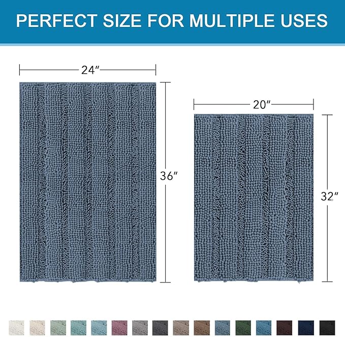 H.VERSAILTEX Bathroom Rug Sets 2 Piece Bath Mats Non Slip Thick Soft Chenille Striped Bath Rug achine Washable Shower Floor Rugs for Tub, Shower and Floor (Blue Indigo, 20" x 32"/24" x 36")