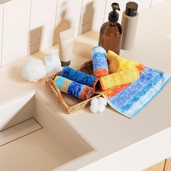 SEMAXE 100% Cotton Washcloths for Bathroom - 24 Pack, Quick-Dry Face Towels with Hanging Loop, Highly Absorbent and Soft, 13x13 Inch, Deep Blue | Light Blue