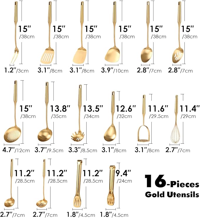 Gold Cooking Utensils Set - 18/10 Stainless Steel Small and Large Spoons Set, 16 PCS All Metal Kitchen Tools, Serving Utensils - Whisk, Masher, Fork, Tongs, Spatula, Turner, Ladle, Skimmer, Pasta