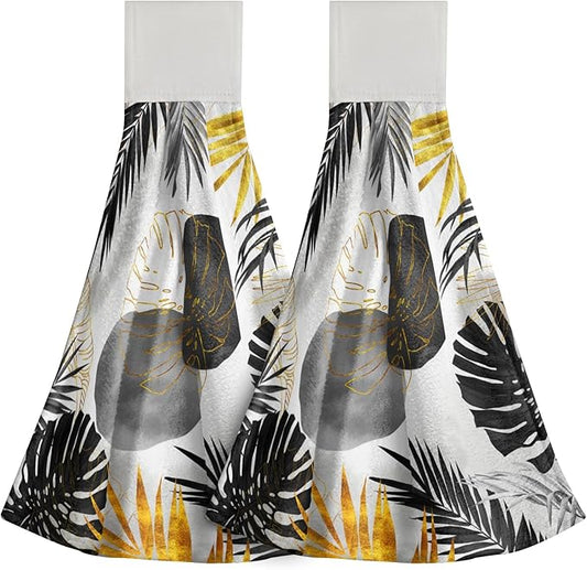 Giwawa Black and Gold Leaves Hanging Kitchen Towels 2 Pcs Tropical Palm Leaf Hand Towels Soft Tea Bar Dish Cloths Dry Towel for Bathroom Laundry