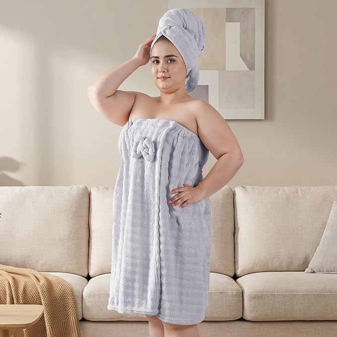 REDKISS Grey Towel Wrap for Women, XL Spa Shower Wrap with Hair Towel, Super Absorbent Bath Towels Robe for Body, Adjustable Microfiber Plush Bathrobe for Girls, Warmth Velcro Plus Size Wraps Towels