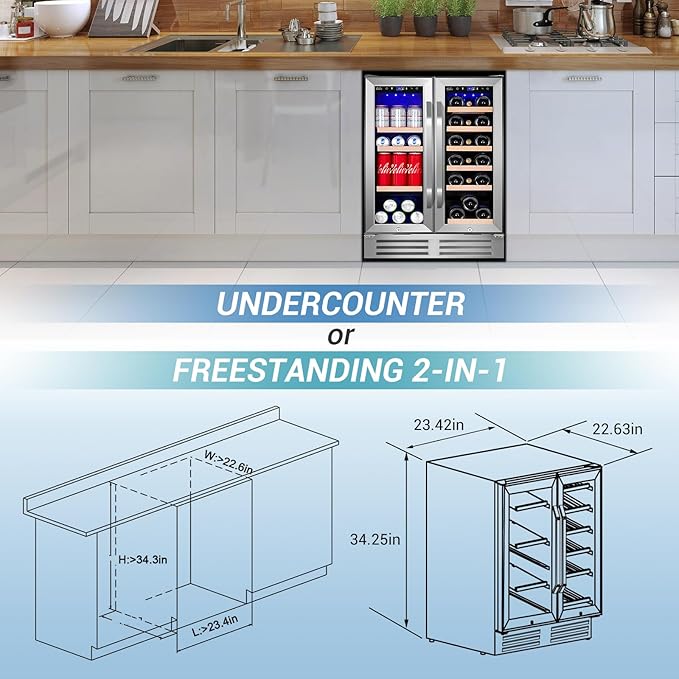 24 Inch Beverage Refrigerator Undercounter, Dual Zone Wine and Beverage Cooler, Large Capacity for Beer Wine Drink with Built-In Warm Light, Ideal for Home Kitchen Bar Office