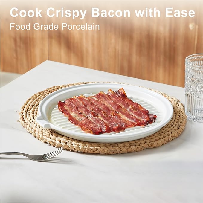ONEMORE Microwave Bacon Tray Ceramic Bacon Cooker Meat Rack for Oven Cooking Crispy Bacon Maker - 11 inch Round Bacon Dish Plate, White