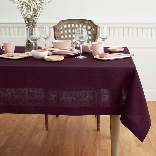Solino Home Linen Tablecloth 52 x 52 Inch - 100% Pure Linen Square Table Throw - Athena, Machine Washable Chambray Burgundy Tablecloth for Christmas, Holiday, Winter, New Year