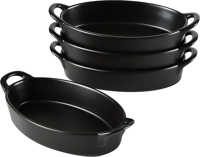 Bruntmor 8" x 5" Oval Porcelain Ceramic Deep Dish Pie Pan Set of 4, Double Handle Au Gratin Baking Dishes, Oven Safe Roasting Lasagna Pan For kitchen- Black