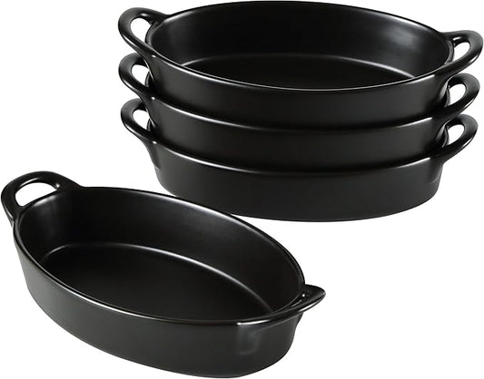 Bruntmor 8" x 5" Oval Porcelain Ceramic Deep Dish Pie Pan Set of 4, Double Handle Au Gratin Baking Dishes, Oven Safe Roasting Lasagna Pan For kitchen- Black