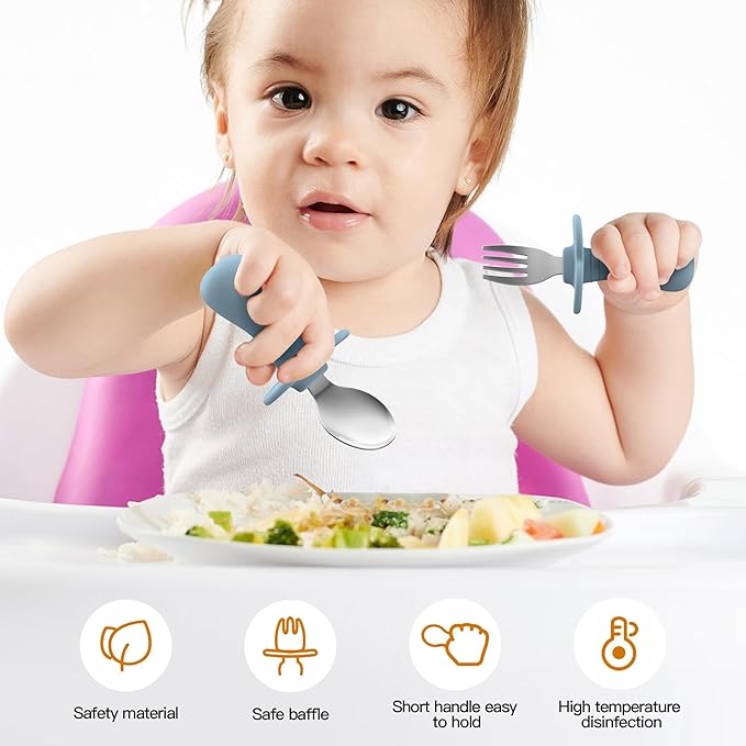4 Pieces Toddler Utensils, Kids Silverware Set with Silicone Handle, 18/8 Stainless Steel Children Safe Forks and Spoons, BPA Free, Anti-Choke Design (Lite Blue, Grey)