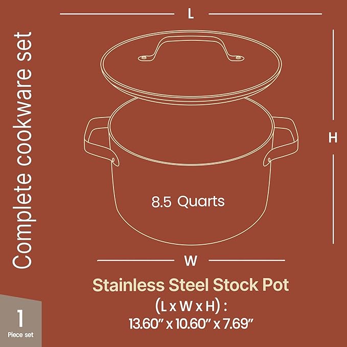 Bakken 8.5 Quart Ceramic Coated Stock Pot with Lid, Easy Clean Nonstick Pot, Tempered Glass Lid, Riveted Stainless Steel Handles, Oven Safe Up To 500°F, PTFE & PFAS Free, All Stove Compatible, Blue