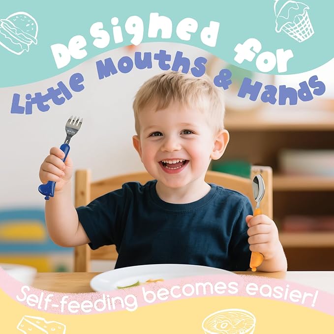 Stainless Steel Kid Silverware Set with Carrying Case, Safe Toddler Spoon and Fork Set for 1+, Ideal On-The-Go Toddler Utensil Set for School Lunch, Travel, & Outdoors, Dishwasher Safe(BLUE)