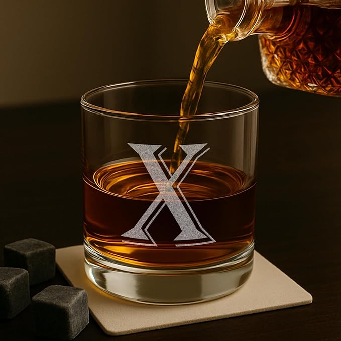 (X-Monogram)- 4 Piece Set of 11 Ounce Engraved Heavy Base Rocks Glasses- Quality Elegant Glass-Multi-Purpose Beverage-Rocks Glass- For any Occasion- By: On The Rox