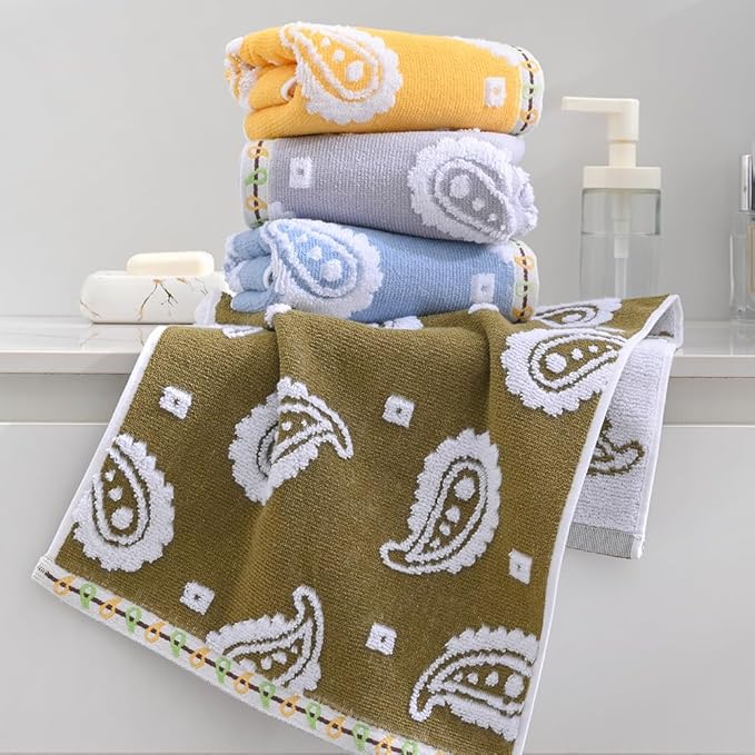 sense gnosis Yellow Paisley Pattren Jacquard Hand Towels Set of 2 Super Soft 100% Cotton Absorbent Double-Sided White Terry Bath Hand Towels for Bathroom Decorative Gym Camping, 13 x 29 inch