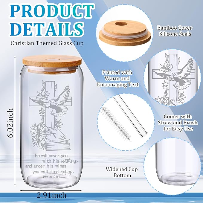 Layhit 12 Set Christian Glass Cups for Women Faith Church Christmas Religious Gifts 16 oz Glass Inspirational Bible Verse Coffee Cups with Lids Straws Brushes Gift Boxes for Church Birthday
