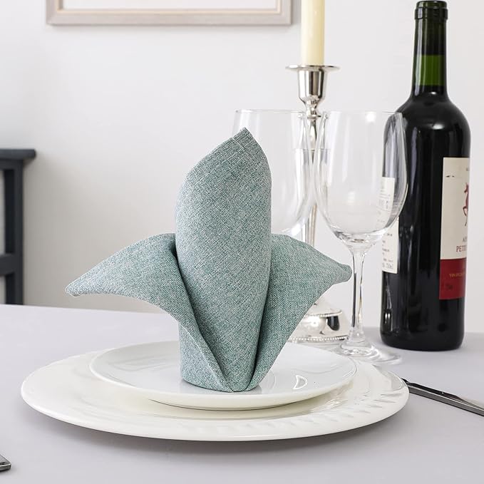 H.VERSAILTEX Linen Textured Cloth Napkins Set of 12 (18" X 18") Linen Textured Dinner Napkins Waterproof Extra Soft Thick Durable Reusable Napkins with Hemmed Edges, Heather Aqua Gray