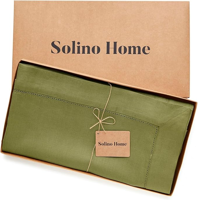 Solino Home Linen Avocado Green Tablecloth 60 x 108 Inch - Classic Hemstitch, 100% Pure Linen Rectangular Tablecloth - Machine Washable Table Cloth for Winter