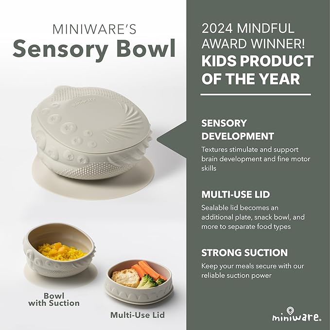 Miniware Sensory Starter Set with Sensory Baby Bowl, Baby Spoon, Roll & Lock Bib - Easy to Clean Baby Feeding Set to Promote Self-Feeding- Toddler Feeding Essentials - Oat