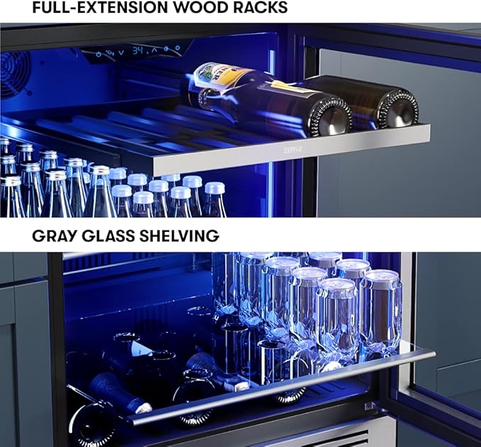 Zephyr Presrv 24 Inch Beverage and Wine Fridge Single Zone Under Counter, Built-in Drink Refrigerator, 7 Bottles, 108 x12oz Cans