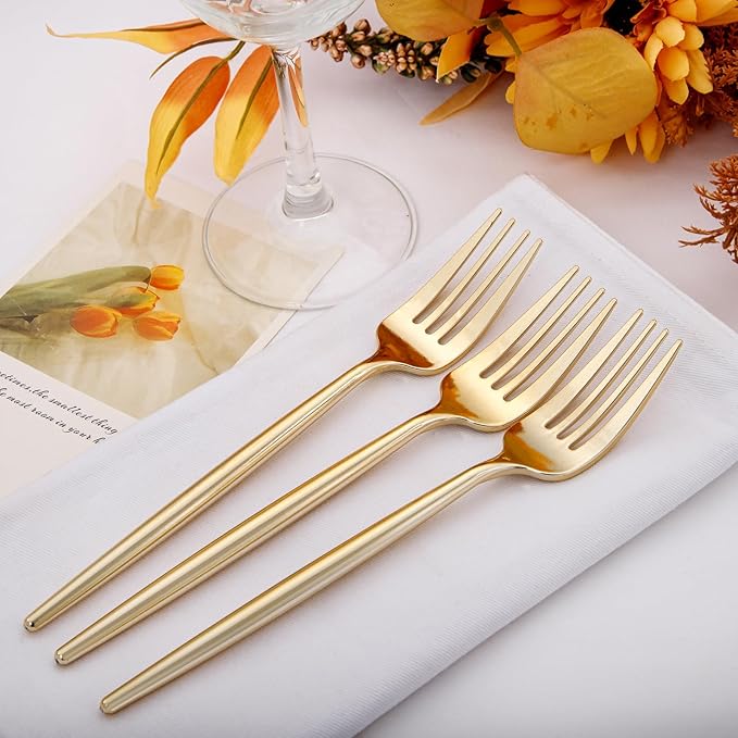 I00000 90 Pcs Gold Plastic Forks,Gold Disposable Utensils, Disposable Heavy Duty Plastic Forks Heat Resistant Perfect for Parties,Wedding,Dinners