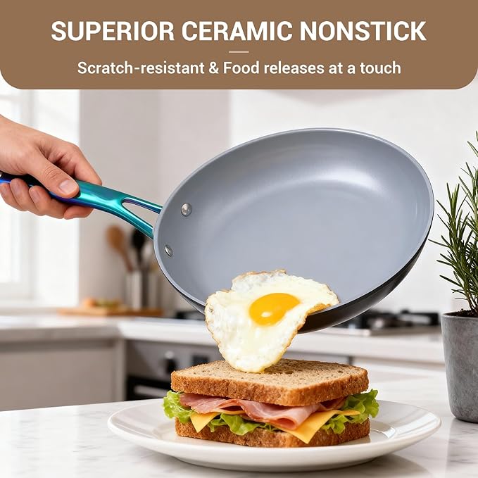 Ammeloo 17 Pcs Ceramic Cookware Set, Induction Pots and Pans Set Non Stick, Premium Colored Stay Cool Handle, Non Toxic PFOA PFOS Free, Oven Safe & Compatible with All Stovetops, Black