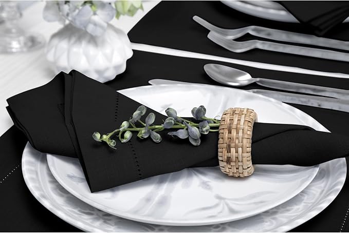 Solino Home Black Linen Napkins Set of 4-100% Pure Linen Hemstitch Dinner Napkins 20 x 20 Inch for Winter, Holiday, New Year - Classic Hemstitch