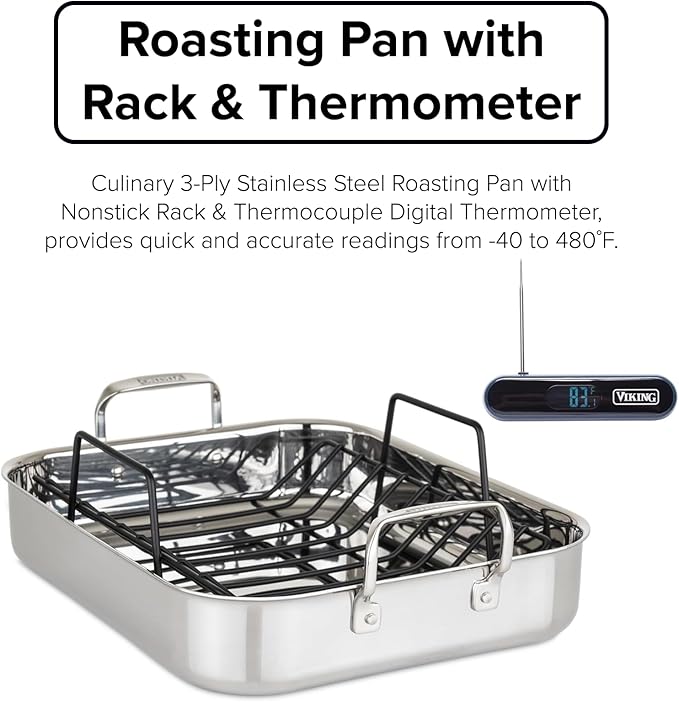 Viking 3-Ply Stainless Steel Roasting Pan with Non Stick Rack, 16 x 13 Inch Kitchen Cookware, Great for Turkey, Includes Probe Thermometer, Dishwasher and Oven Safe, Induction Ready, Silver
