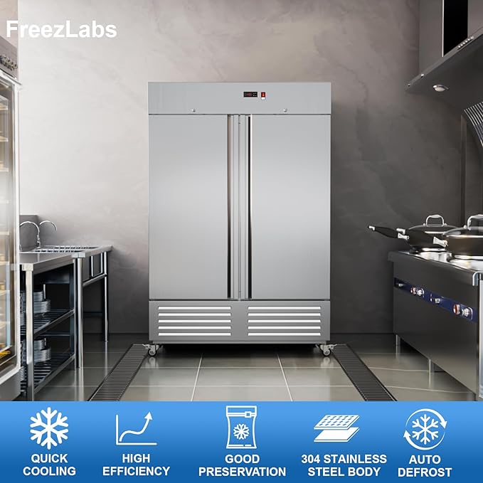 Commercial Freezer 2 Door Upright Freezers with 8 Adjustable Shelves, 54"W Stainless Steel Reach-in, Temp Control -10℉ ~ 10℉, 49 Cu.ft for Restaurant Kitchen Bar Garage, ETL and DOE Approved