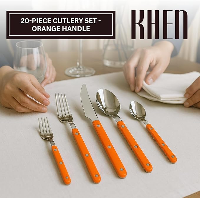 Khen 20-Piece Cutlery Set with Dinner Knives, Forks, Spoons, Salad Forks & Teaspoons – Durable and Dishwasher Safe Utensil Set for Home, Kitchen, Parties & Special Occasions – Orange Handle