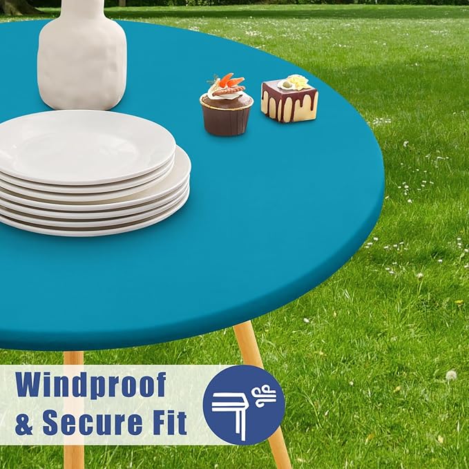 Round Spandex Tablecloth, Elastic Fitted Waterproof Tablecloths for 57"-68" Tables, Stretch Washable Picnic Table Cover for Camping, Dining, Indoor and Outdoor, Turquoise