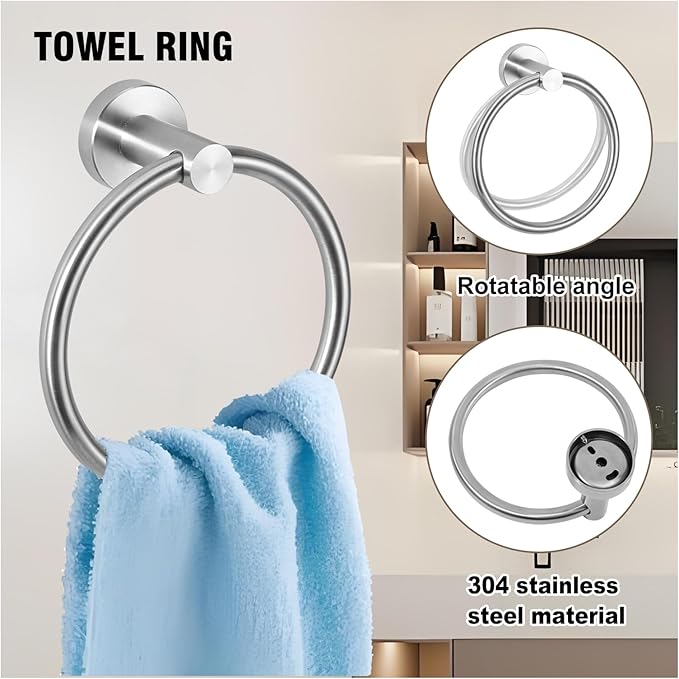 5-Piece Towel Racks for Bathroom, Stainless Steel Bathroom Accessories Set, Bathroom Towel Holder Wall Mounted, Sturdy Bath Towel Bar Set Bathroom Hardware Set (Brushed, 2 Pillar Paper Holder)