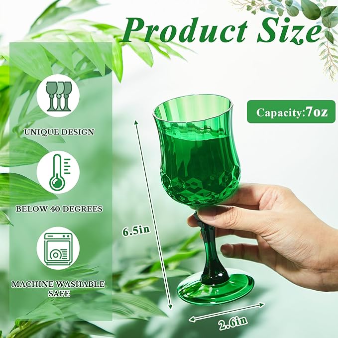 Pinkunn 12 Pcs 7 oz Plastic Vintage Wine Glasses Reusable Colored Goblets Patterned Drinking Water Glasses Cup Dishwasher Safe for Christmas Wedding Reception Party Supplies (Green)