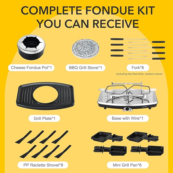 Electric Raclette BBQ Grill with Fondue Pot Sets, Portable Korean Table Grill Electric Indoor Cheese Raclette, Dual Adjustable Thermostats, 8 People Serve Perfect for Parties and Family Fun