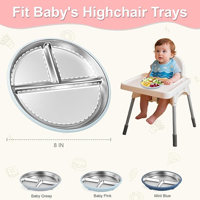 Bella's Friends Stainless Steel Kids Plates 8" Suction Plate for Baby,3 Packs Non-Toxic Divided Toddler Plates,Food-Grade Silicone Plate for Baby,Dishwasher Safe,grey,blue,dark blue