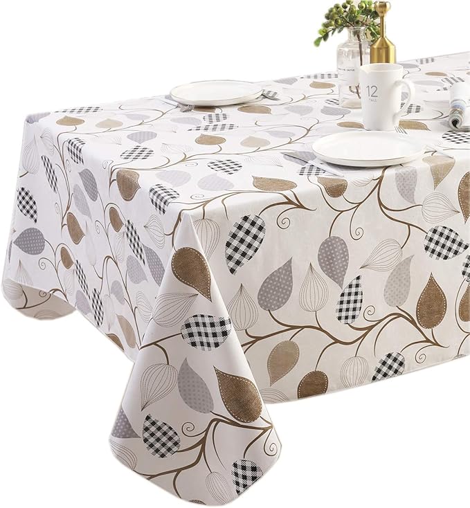 Walrus Heavy Duty Vinyl Tablecloth with Flannel Backing Waterproof Oil-Proof Plastic Table Cloth Stain-Resistant Wipeable Rectangle or Square Table Cover for Indoor and Outdoor (Leaves, 60X102 Inch)