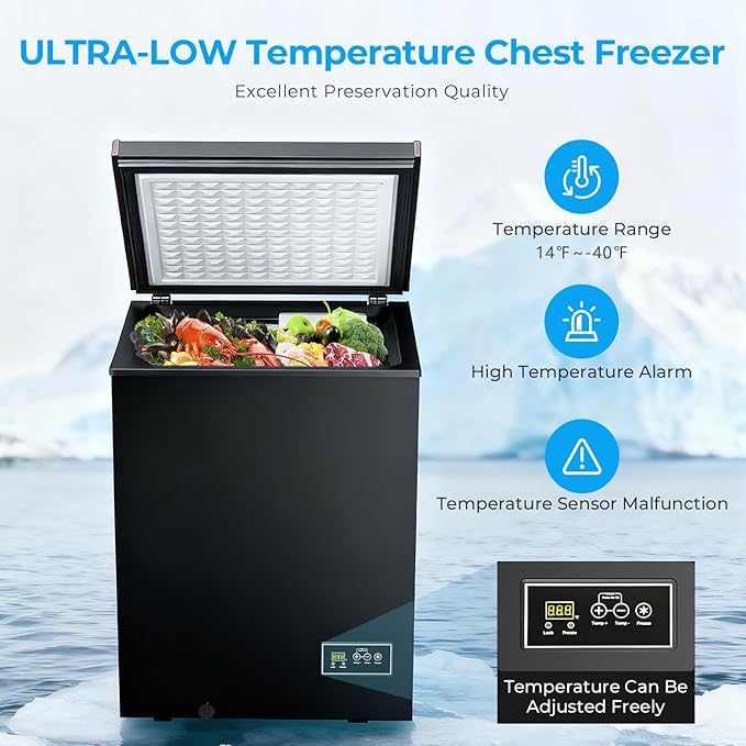 Antarctic Star Chest Freezer 3.2 Cubic Feet 14℉ to -40℉ Low Temperature Freezer with Removable Basket, Free Standing Top open Door Deep Freezer,Adjustable Temperature for Home,Basement, Kitchen, Black