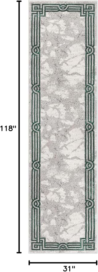 Well Woven Lezlee Abstract Modern 2'7" x 9'10" Runner Rug - Emerald Green Marble Border - for Hallway, Entryway, Stair