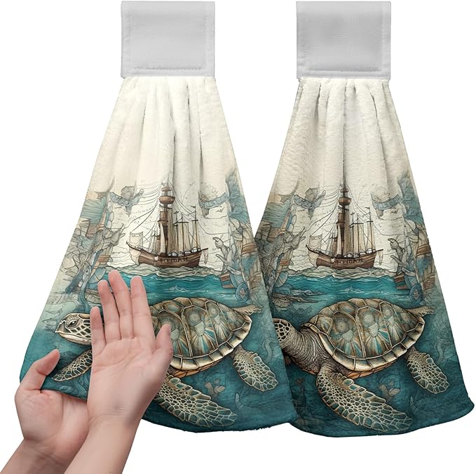 Sea Turtle Hanging Kitchen Towels Set of 2 Summer Ocean Turtle Hand Towel with Loop Coastal Tortoise Sailboats Hanging Dish Towels Absorbent Tie Towel for Bath Kitchen Home